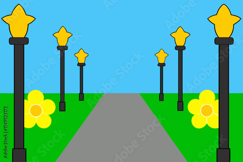 Symmetrical Light Posts On A Narrow Park Path Lined With Trees