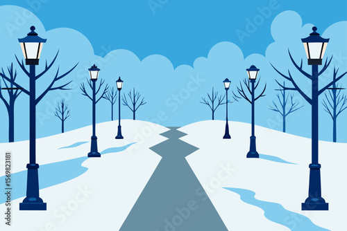 Winter Park Path Snow Covered Symmetrical Lamps