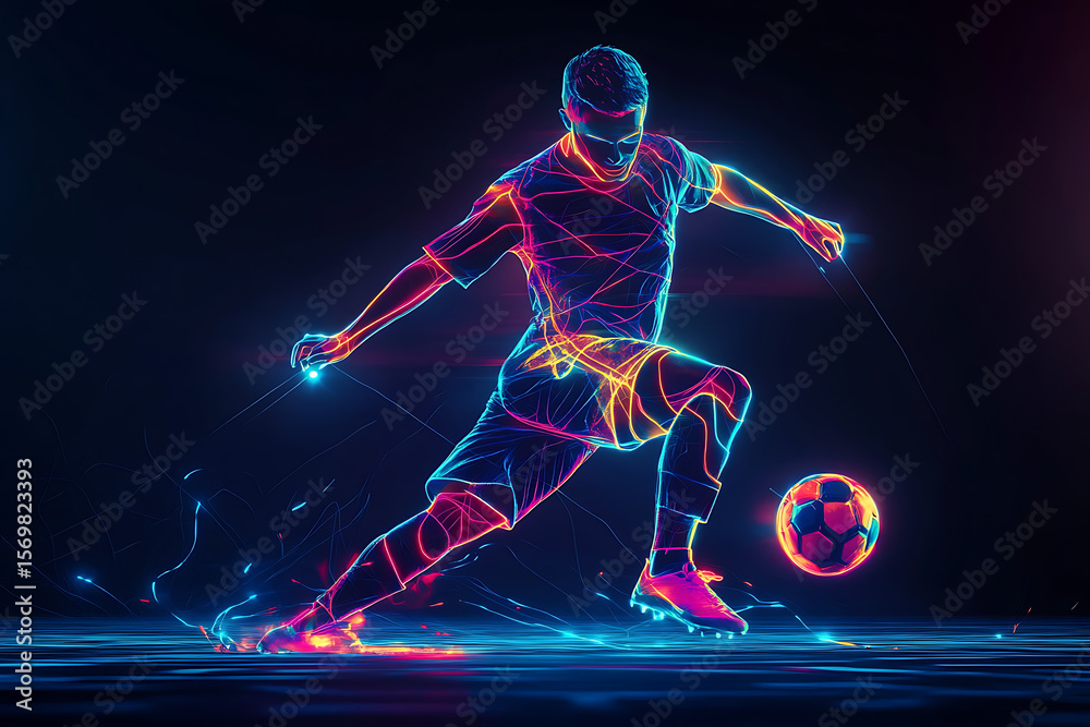 Fototapeta premium Futuristic soccer player in neon colors striking a ball on a dark background during a match