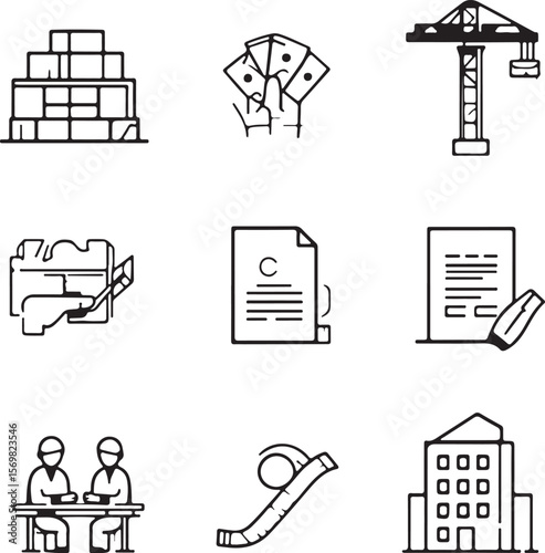 Construction Project Management Planning, Contracts, and Teamwork Icons