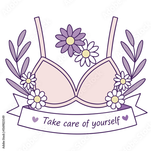 Pink Bra with Flowers and Banner Take Care of Yourself