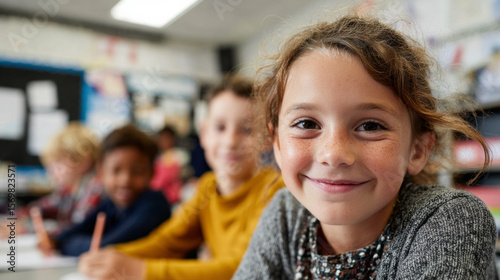 A girl with a smile on her face is sitting in a classroom with other children