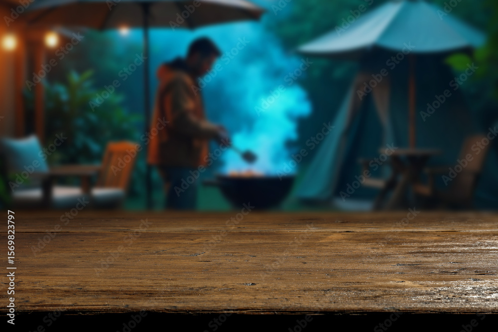 Wooden garden table with people at barbecue grill and garden in background – outdoor cooking concept with product placement space. Warm, social and relaxed atmosphere perfect for summer food campaigns Wooden garden table with people at barbecue grill and garden in background – outdoor cooking concept with product placement space. Warm, social and relaxed atmosphere perfect for summer food campaigns
