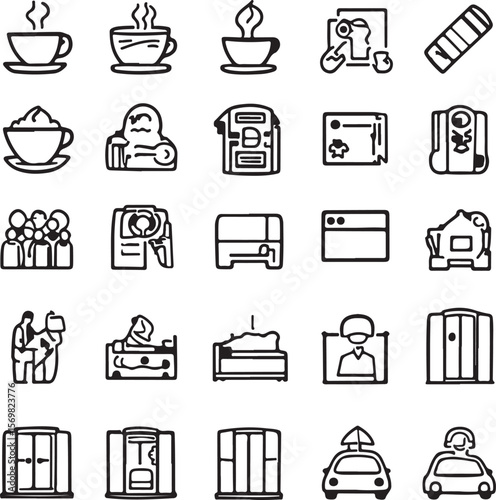 Collection of Line Art Icons Coffee, Travel, Business, and More