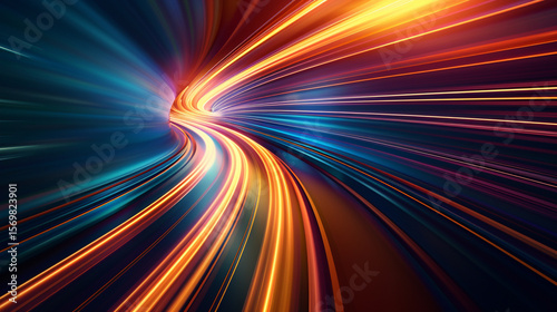 abstract light lines forming vortex-style speed motion over gradient backdrop, dynamic curved streaks in radial composition, theme of velocity and futuristic momentum