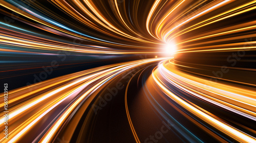 abstract light lines forming vortex-style speed motion over gradient backdrop, dynamic curved streaks in radial composition, theme of velocity and futuristic momentum