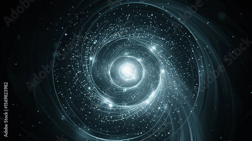 glowing spiral ring and swirling particle vortex in circular motion, radial glow effects on dark backdrop, spotlight from center highlighting dynamic spiral energy