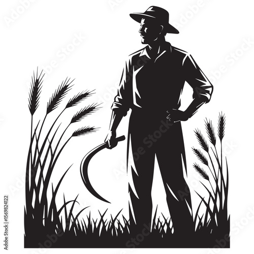 A farmer with a sickle stands in a wheat field isolated on white background