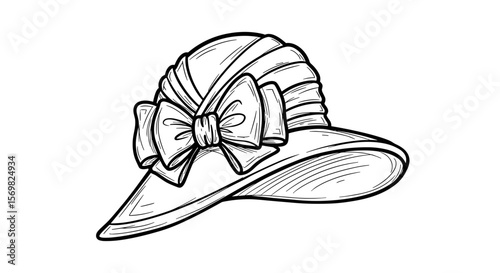 Women’s hat with bow vintage sketch illustration - hand drawn doodle black outline vector on a white background
