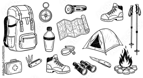 Hiking gear essentials kit: binoculars, compass, trekking poles, backpack, knife, camping knives set, map, flashlight, boots, first aid kit, tent vintage sketch vector illustration hand drawn 