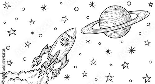 Rocket and planet with stars vintage sketch illustration - hand drawn space scene doodle black outline vector on a white background

