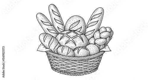 Basket of assorted bread loaves vintage sketch illustration - hand drawn doodle black outline vector on a white background

