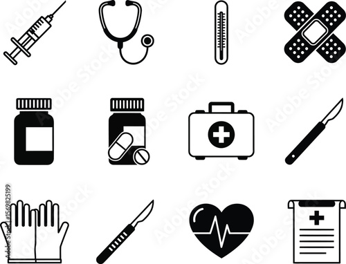 Collection of medical icons including a syringe stethoscope thermometer and first aid kit