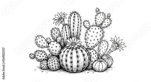 Cactus desert plant with spines - vintage sketch vector illustration 