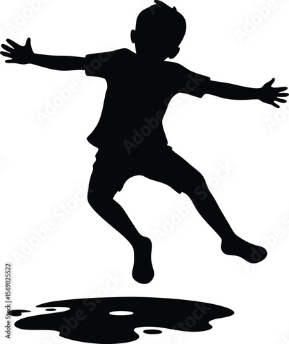 Boy jumping in puddle vector silhouette  