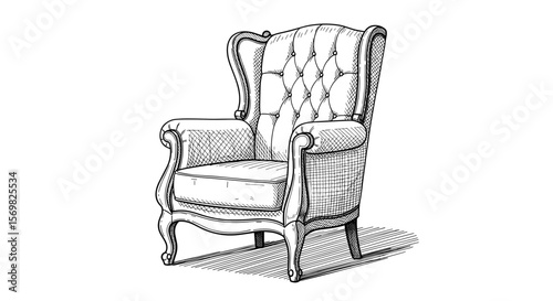 Elegant armchair comfortable seating vintage sketch vector illustration - hand drawn doodle black outline  on a white background
