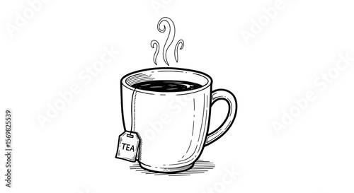 Tea mug with tea bag and handle - vintage sketch vector illustration  hand drawn doodle on a white background svg
