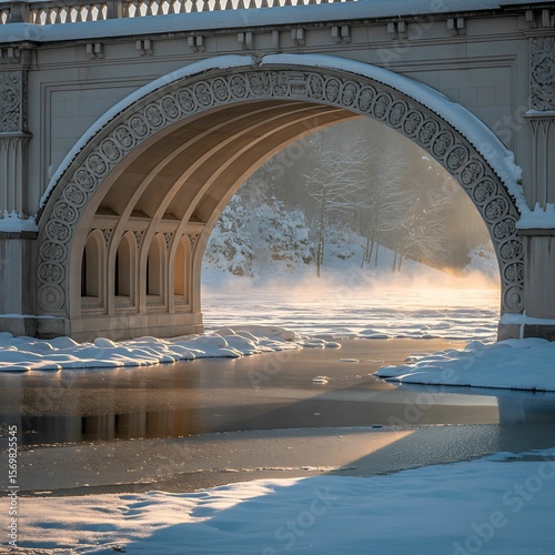 Stone Arch Bridge in Winter Wonderland Sunrise Glow