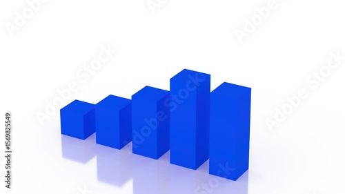 Solid Blue 3D Bar Graph Animation Raising Bars and Rotating Revolving Camera on Glassy Reflective Surface and Blank White Background, Business Finance Presentation
