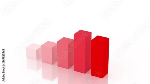 Gradient Red 3D Bar Graph Animation Raising Bars and Rotating Revolving Camera on Glassy Reflective Surface and Blank White Background, Business Finance Presentation