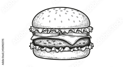 Cheeseburger with lettuce, cheese, and patty  vintage sketch vector illustration - hand drawn doodle black outline vector on a white background
