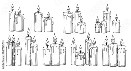 Set of decorative candles for spa or interior design projects - vintage sketch vector illustration - hand drawn doodle black pencil outline vector on a white background svg