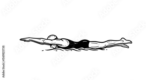 Swimmer in water  - vintage sketch vector illustration on a white background
