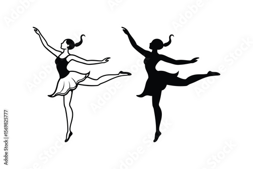 Elegant Ballerina in Motion Vector Outline and Silhouette