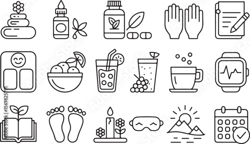 Wellness, Self-Care line icon set. Vector pictograms of mental clarity, fitness, nutrition, relaxation, meditation, mental health, stress relief, body-mind connection thin linear illustration.Mental W