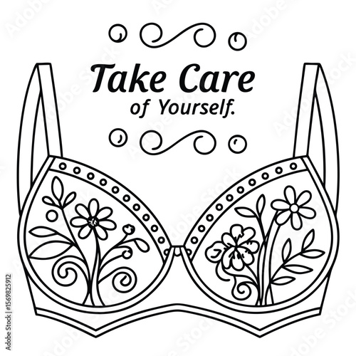 Black and White Bra Illustration with Floral Design and Text