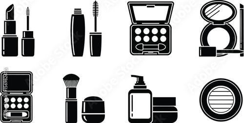 Collection of black and white cosmetic icons for makeup and beauty products