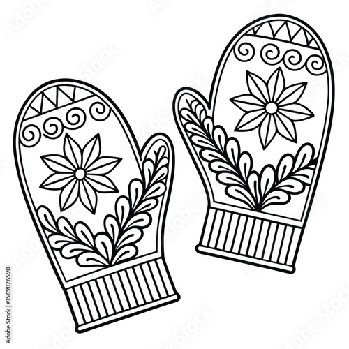 Black and White Mittens with Floral and Geometric Patterns