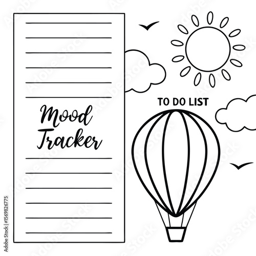 Black and White Mood Tracker and To Do List with Sun Clouds and Balloon