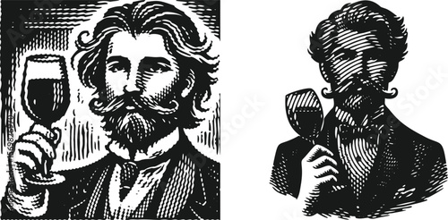  Heavy lined effect black vector bundle featuring a gentleman with long hair and mustache holding a wine glass, stylish vintage portrait illustration, elegant man, classic design, luxury drink, retro 