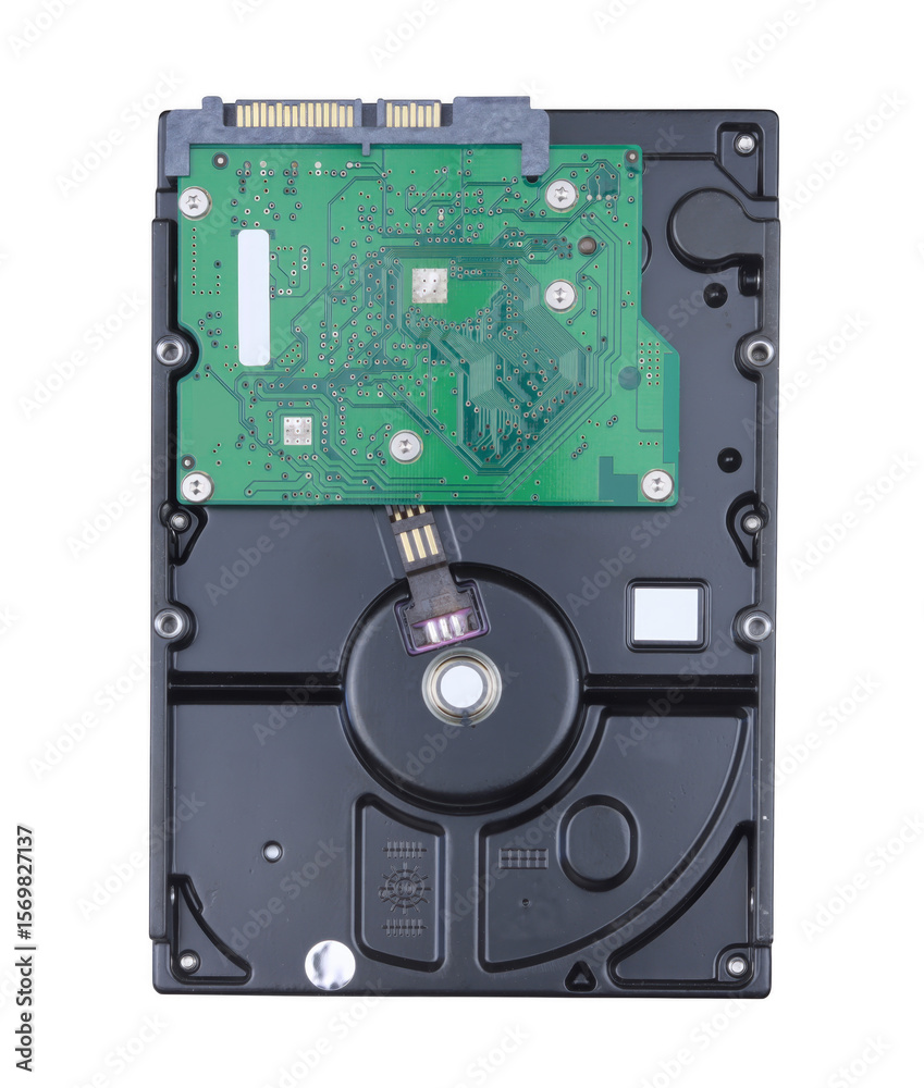 Obraz premium Backside view of internal hard drive with circuit board components isolated on transparent background