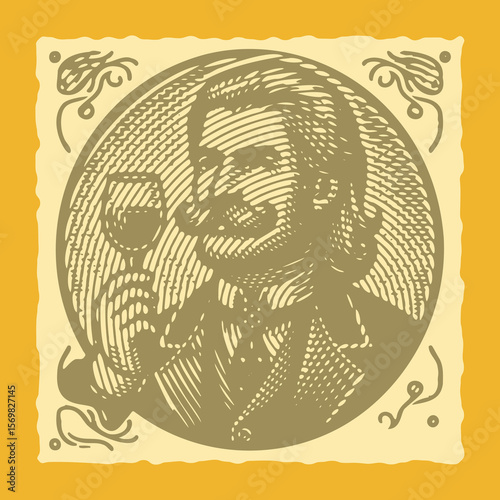  Heavy lined effect postal stamp vector illustration of a stylish gentleman with long hair and mustache holding a wine glass, vintage portrait design for classic, elegant, and sophisticated themes