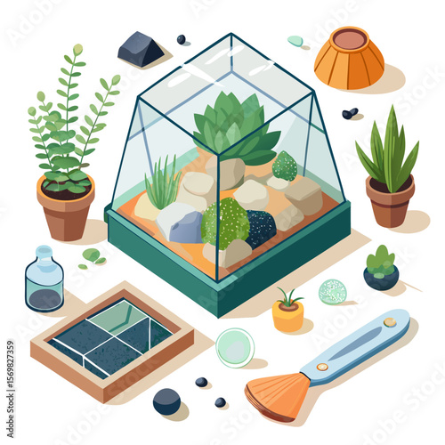 Flat lay illustration of a diy terrarium building kit with all components