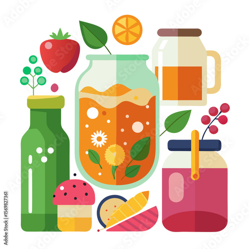 Collection of fermented food icons featuring kombucha and scoby elements