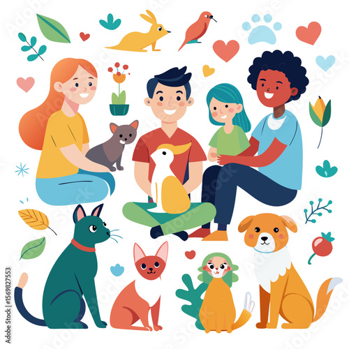 Diverse people with their beloved pets represented in a clean icon set