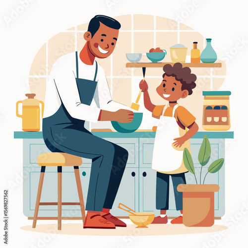 Father and child happily baking together in a warm kitchen scene