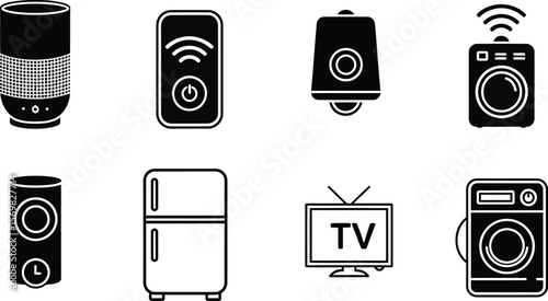 Collection of black and white icons representing smart home devices and technology