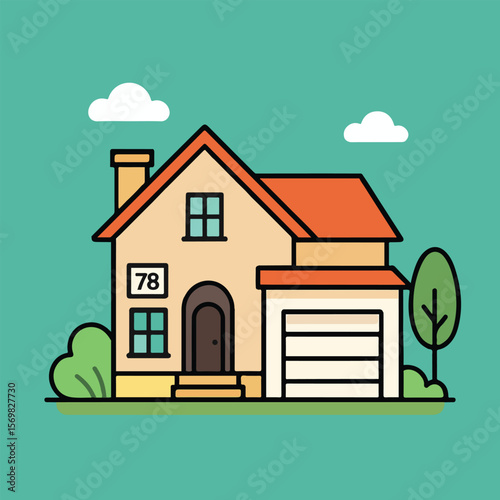  vector illustration of a house with a roof, a home with a garden, and a building in a landscape with a sky