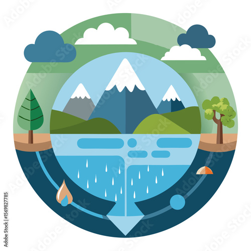 Educational infographic illustrating the continuous circular journey of water on earth