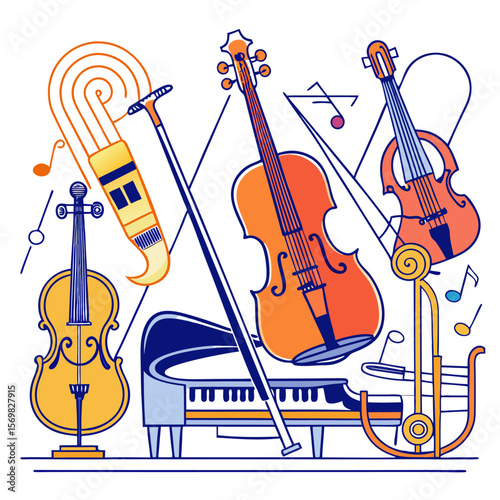 Elegant line drawings of classic musical instruments for artistic compositions