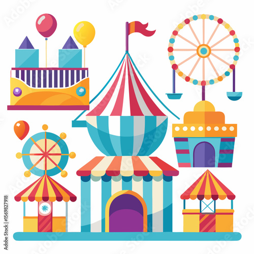 Collection of amusement park and carnival attraction icons including a ferris wheel
