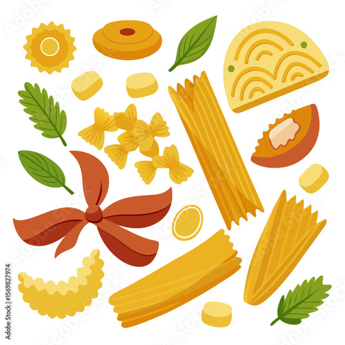 Gourmet pasta collection illustration featuring various italian pasta shapes
