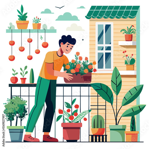 Person tending to plants on a balcony representing urban gardening and sustainable living