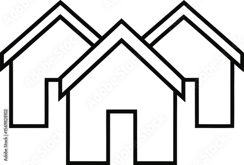 Three simple outline houses arranged together silhouette isolated on transparent background