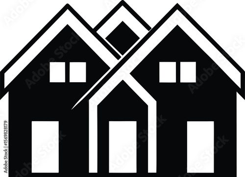 Three interlocking house silhouettes with white accents isolated on transparent background silhouette