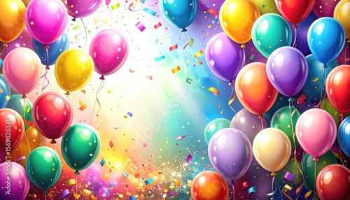 Colorful Balloons with Confetti and Bright Background Celebration